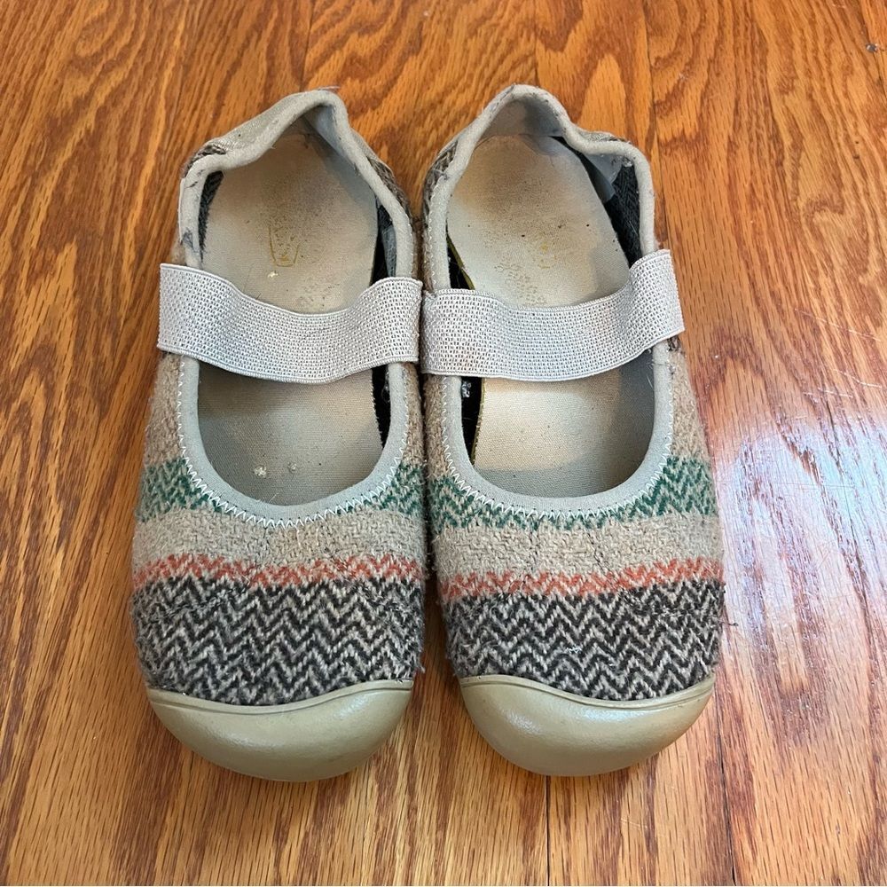 Keen Beige Mary Jane Flats with Green and Coral Accents
